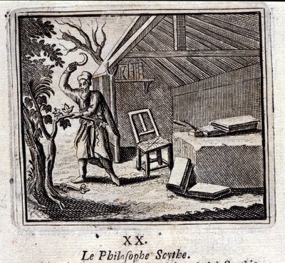 Filosofi Scythe. Jean de La Fontainen (1621-95) sadut. Kuvitus: François Chauveau (1613-1676). Painos vuodelta 1728. tekijältä Francois Chauveau