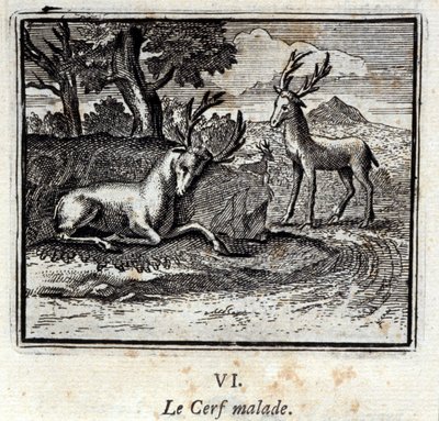 Sairas peura. Jean de La Fontainen (1621-95) sadut. Kuvitus: François Chauveau (1613-1676). Painos vuodelta 1728. tekijältä Francois Chauveau