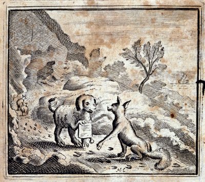 Sairas leijona ja kettu. Jean de La Fontainen (1621-95) sadut. Kuvitus: François Chauveau (1613-1676). Painos vuodelta 1728. tekijältä Francois Chauveau