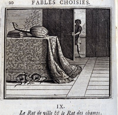 Kaupungin rotta ja kenttärotta. Jean de La Fontainen (1621-95) sadut. Kuvitus: François Chauveau (1613-1676). Painos vuodelta 1728. tekijältä Francois Chauveau