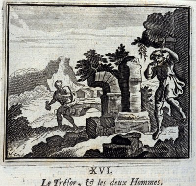 Valtionpetturi ja kaksi miestä. Jean de La Fontainen (1621-95) sadut. Kuvitus: François Chauveau (1613-1676). Painos vuodelta 1728. tekijältä Francois Chauveau