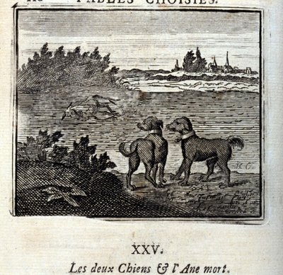 Kaksi koiraa ja kuollut aasi. Jean de La Fontainen (1621-95) sadut. Kuvitus: François Chauveau (1613-1676). Painos vuodelta 1728. tekijältä Francois Chauveau