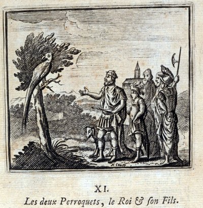 Kaksi papukaijaa kuningas ja hänen poikansa. Jean de La Fontainen (1621-95) sadut. Kuvitus: François Chauveau (1613-1676). Painos vuodelta 1728. tekijältä Francois Chauveau