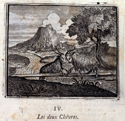 Kaksi vuohetta. Jean de La Fontainen (1621-95) sadut. Kuvitus: François Chauveau (1613-1676). Painos vuodelta 1728. tekijältä Francois Chauveau