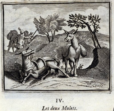 Kaksi muulia. Jean de La Fontainen (1621-95) sadut. Kuvitus: François Chauveau (1613-1676). Painos vuodelta 1728. tekijältä Francois Chauveau