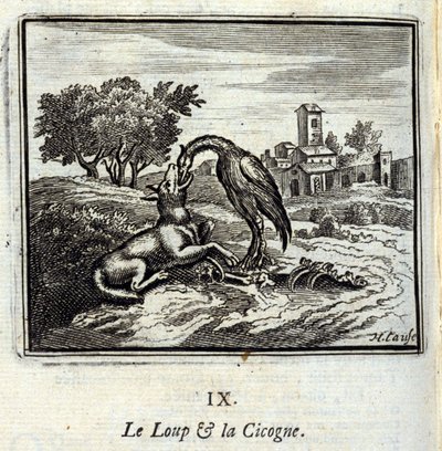 Susi ja haikara. Jean de La Fontainen (1621-95) sadut. Kuvitus: François Chauveau (1613-1676). Painos vuodelta 1728. tekijältä Francois Chauveau