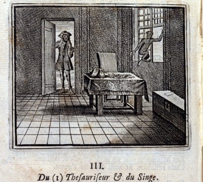 Thesaurizer ja Monkey. Jean de La Fontainen (1621-95) sadut. Kuvitus: Francois Chauveau (1613-1676). Painos vuodelta 1728. tekijältä Francois Chauveau