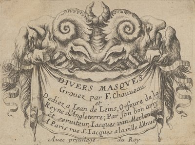 Nimikilpi kahdella satyyripäällä, Divers Masques, n. 1635-45. tekijältä Francois Chauveau