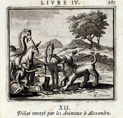 Eläinten lähettämä kunnianosoitus Aleksanterille. Jean de La Fontainen (1621-95) sadut. Kuvitus: François Chauveau (1613-1676). Painos vuodelta 1728. tekijältä Francois Chauveau