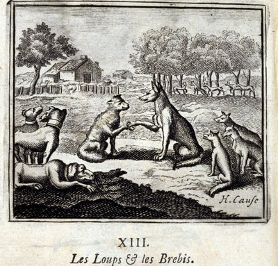 Sudet ja lampaat. Jean de La Fontainen (1621-95) sadut. Kuvitus: Francois Chauveau (1613-1676). Painos vuodelta 1728. tekijältä Francois Chauveau