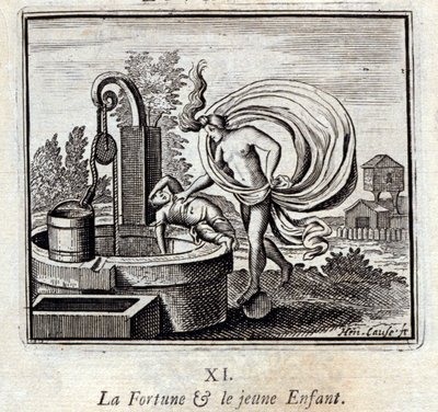 onni ja nuori lapsi. Jean de La Fontainen (1621-95) sadut. Kuvitus: François Chauveau (1613-1676). Painos vuodelta 1728. tekijältä Francois Chauveau