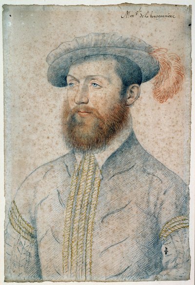 Jean Du Plessisin, Bourgonnieren herran (1525 - 1594) muotokuva. Veren ja mustan kiven piirtäminen, Francois Clouet (1515-1572) tekijältä François Clouet
