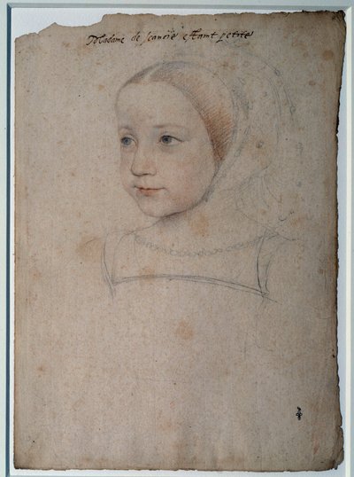 Marguerite de Francen (1523-1574) lapsen muotokuva, Savoyn herttuattaren Francois I:n tytär Piirustus mustalla kivellä, verellä, akvarelleilla, Francois Clouet (1515-1572) 1500-luvun Chantilly, Musee Conde tekijältä François Clouet