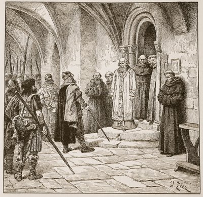 Swein vaatii lunnaita, kuvitus teoksesta "The Church of England: A History for the People", kirjoittanut H.D.M. Spence-Jones, pubi. n. 1910 (seepiavalokuva) tekijältä Francois Edouard Zier