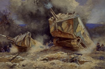 Hyökkäys jalkaväkeä ja panssarivaunuja vastaan Saint Chamondissa, heinäkuussa 1918 (akvarelli) tekijältä Francois Flameng
