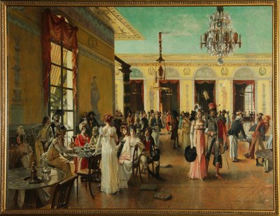 Cafe Frascati (Pariisi, Ranska), kohtaus Napoleonin ajalta (loppu 18.-1815) - Francois Flamengin (1856-1923) maalaus, öljy puulle tekijältä Francois Flameng