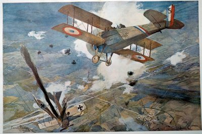 Ensimmäinen maailmansota "" Ilmataistelu"" Vihollisen lentokone putoaa liekkeihin. Francois Flamengin (1856-1923) akvarellimaalaus 1918 Yksityinen kokoelma tekijältä Francois Flameng