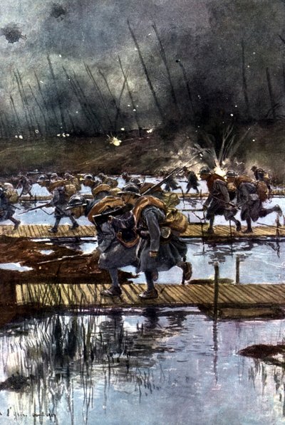 Ranskalaisen 1. jalkaväkijoukkojen Yserin kanavan ylitys 31. heinäkuuta 1917 klo 4.45 Francois Flamengin (1856-1923) maalauksen jälkeen Ranskalainen. tekijältä Francois Flameng