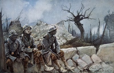 Ranskalaiset joukot lepäävät Dompierren kirkon raunioiden keskellä tekijältä Francois Flameng