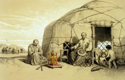 Kalmukit rukouspyörän kanssa, Siperia, kuvitus Xavier Hommaire de Hellin julkaisusta "Kaspian arot, Kaukasus, Krim ja Etelä-Venäjä", n. 1838-42 (värilitho) tekijältä Francois Fortune Antoine (after) Ferogio