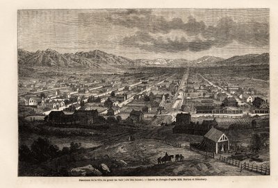 Panoraama suuren likaisen järven kaupungista, lainaten pyhiä (Utah), Ferogion piirustus kuvaamaan Richard Burtonin matkaa pyhien kaupunkiin, mormonien maan pääkaupunkiin vuonna 1860. Kaiverrus "" Le tour du monde ””, editoi Edouard Charto tekijältä Francois Fortune Antoine (after) Ferogio
