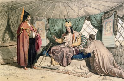 Kalmukin ylipappi ghepinsä kanssa, kuvitus Xavier Hommaire de Hellin (1812-48) teoksesta Voyage a la mer Caspienne n. 1850 tekijältä Francois Fortune Antoine Ferogio