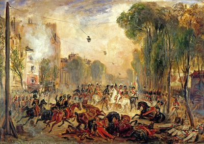 Giuseppe Fieschin (1790-1836) salamurhayritys kuningas Louis-Philippeen (1773-1850) Boulevard du Temple, 28. heinäkuuta 1835 (öljy kankaalle) tekijältä Francois Gabriel Guillaume Lepaulle