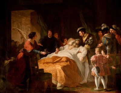 Leonardo da Vincin kuolema Francis I:n käsivarsissa, 1781. tekijältä Francois Guillaume Menageot