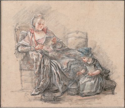 Nainen lukemassa ja tyttö näyttelemässä Marquise de Pompadouria tyttärensä Alexandrinen kanssa, noin 1748 tekijältä Francois Guérin