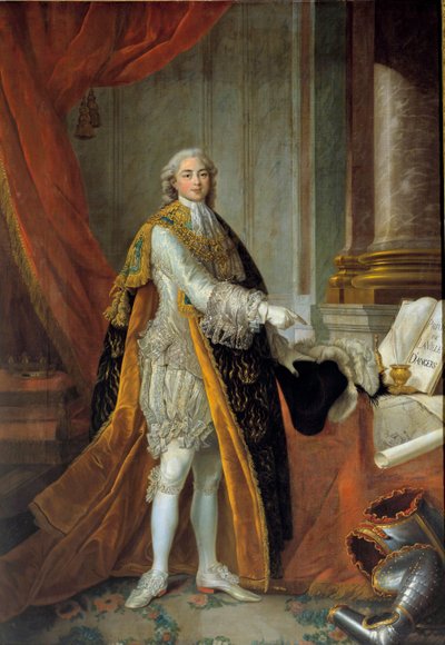 Ranskalaisen Louis Stanislas Xavierin (tuleva Louis XVIII), Provencen kreivin (1755-1824) jalan muotokuva Pyhän Hengen ritarikunnan (Pyhän Hengen ritarikunnan) upeassa puvussa ja esittelee Angersin kaupungin etuoikeuksia. ”””” Françoisin maalaus tekijältä Francois Hubert Drouais