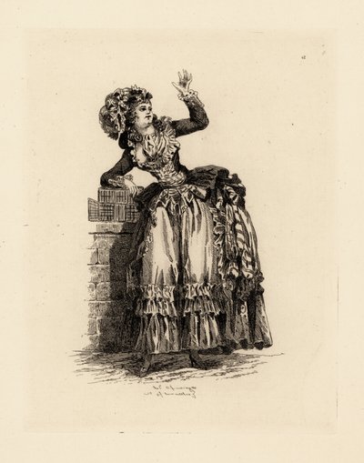 Muodikas nainen konepellissä a la Nicolet, Marie Antoinetten aikakausi (etsaus) tekijältä Francois Louis Joseph (after) Watteau