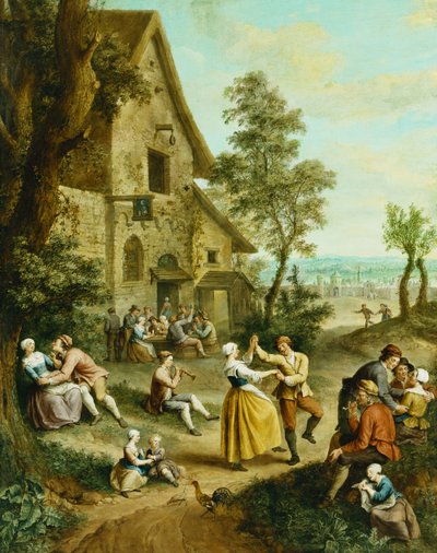 Talonpojat tanssivat ja iloitsevat tavernan edessä, muurin takana, tekijältä Francois Louis Joseph Watteau