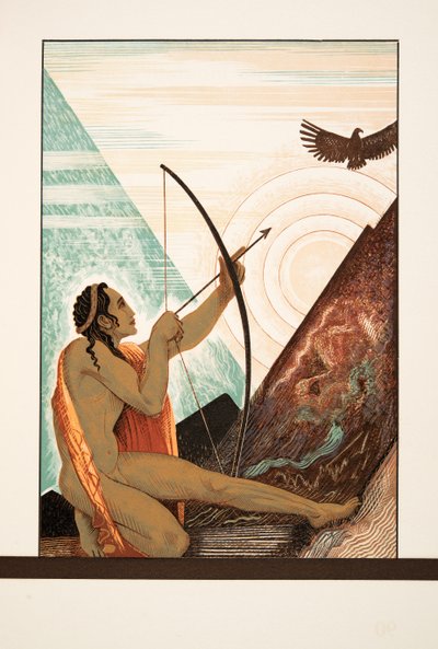 Herakles ampumassa kotkaa, Aischylusin Prométhée Enchaîné -teoksesta, julkaisu. 1941 (pochoir-painatus) tekijältä Francois-Louis Schmied