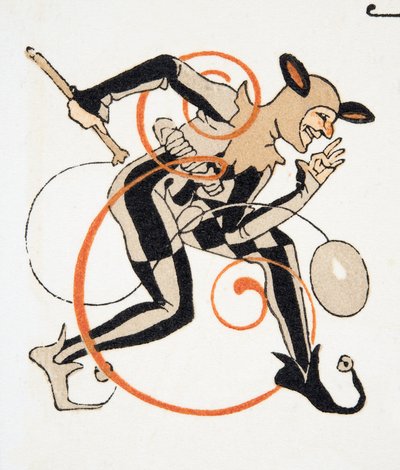 E-kirjain Personages de Comedien pubista. 1922 (stensiiliprintti) tekijältä Francois-Louis Schmied