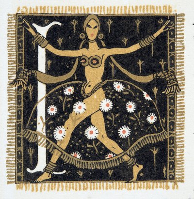 L-kirjain Personages de Comedien pubista. 1922 (stensiiliprintti) tekijältä Francois-Louis Schmied