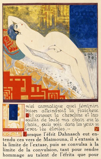 Mies makuuasennossa alastonkuva elokuvasta "Prinsessa Boudour - Tales of a Thousand and One Nights" tekijältä Francois-Louis Schmied