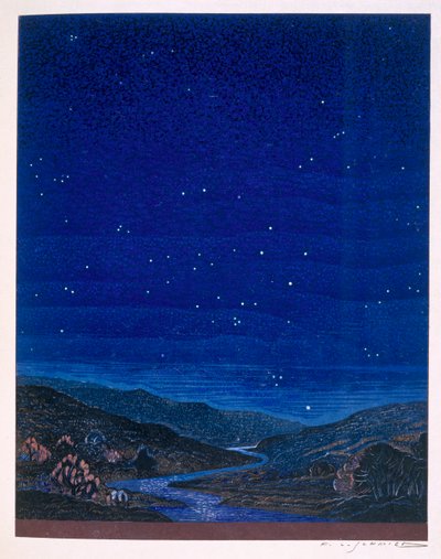 Yömaisema, kuvitus Rudyard Kiplingin teoksesta "Kim", 1930 tekijältä Francois-Louis Schmied