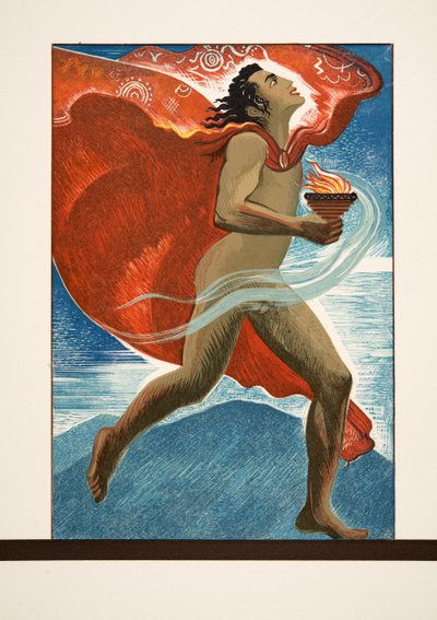 Prometheus Running with Fire, Aischylusin teoksesta Prométhée Enchaîné, pub. 1941 (pochoir-painatus) tekijältä Francois-Louis Schmied