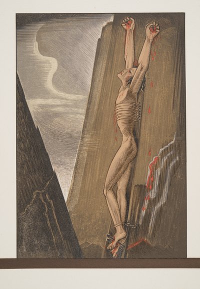 Prometheus naulattuna kallioon, teoksesta Prométhée Enchaîné, Aischylus, pub. 1941 (pochoir-painos) tekijältä Francois-Louis Schmied