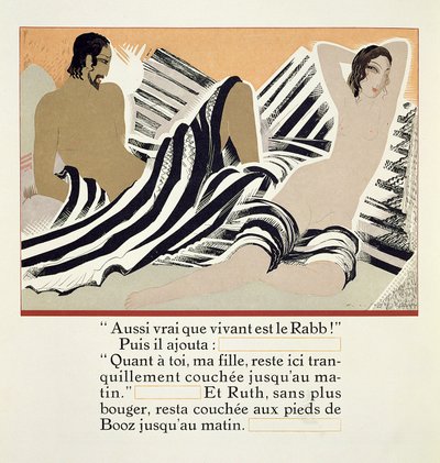 Ruth lepää Boazin jalkojen juuressa, "Ruth et Booz", suomentanut J.C. Mardrus, julkaistu 1930 tekijältä Francois Louis Schmied