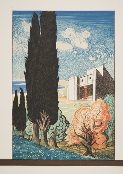 Temppeli ja sypressipuu, Aiskhyloksen teoksesta Prometheus kahleissa, pub. 1941 (sabluunapainatus) tekijältä Francois-Louis Schmied