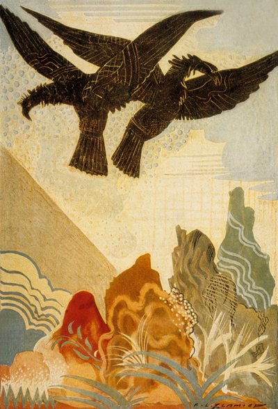 Homeroksen Odysseia : omenakotkat, kaiverrettu Theo Schmiedin toimesta, 1930-33 värilitografia. tekijältä Francois-Louis Schmied