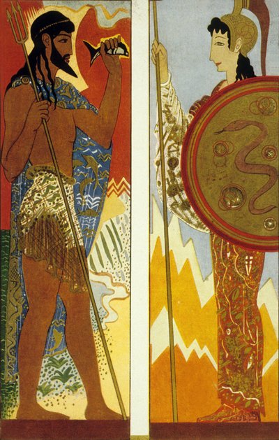 Homeroksen Odysseia : jumalat Poseidon ja Athene, kaiverrettu Theo Schmiedin toimesta, 1930-33 värilitografia. tekijältä Francois-Louis Schmied