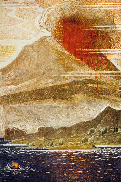 Homeren Odysseia : Odysseus lähestyy Kyklooppi-tulivuoren saarta, kaiverrettu Theo Schmiedin toimesta, 1930-33, värilitraus. tekijältä Francois-Louis Schmied