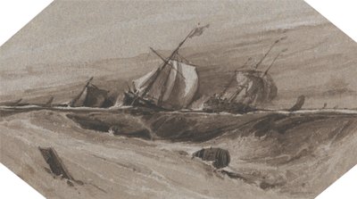 Alukset kallistuvat myrskyisellä merellä tekijältä Francois Louis Thomas Francia