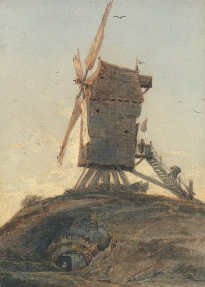 Tuulimylly kukkulalla maisemassa tekijältä Francois Louis Thomas Francia