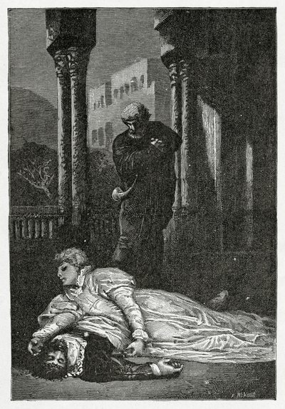 Dona Sol kuolee Hernanin ruumiiseen, 1800-luku (bw-kaiverrus) tekijältä Francois Nicolas Chifflart