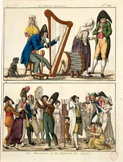 Karikatyyri modernista Ossianista ja katulaulajista, Francois Nicolas Martinet, kaiverrus tekijältä Francois Nicolas Martinet