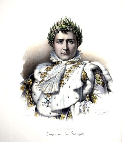 Napoleon I (1769-1821) kruunajaisissaan vuonna 1804 (kaiverrus). tekijältä Francois Pascal Simon (after) Gerard