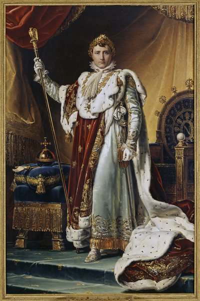 Muotokuva keisari Napoleon I Bonapartesta (1769-1821) kruunausasussa. (Keisari Napoleon I Bonaparten muotokuva kruunausvaatteissaan). François Pascal Simonin maalaus, paroni Gerard (1770-1837), öljy kankaalle, noin 1804. Ranskalainen taide tekijältä Baron François Pascal Simon Gérard